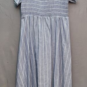 Stylish Womens Blue Striped Linen Long Dress With Elegant Ruffled Sleves.